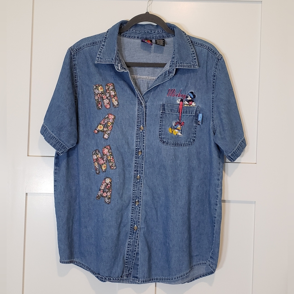 Disney Mickey Unlimited Woman Vintage Chambray Denim Button Down Shirt Sz 14-16